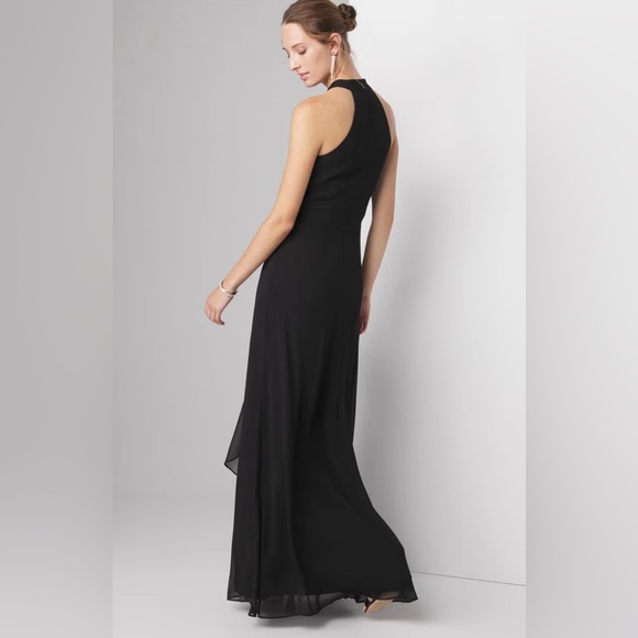 White House Black Market Sleeveless Draped Gown 4P Black V-Neck Chiffon Lined - Picture 3 of 16